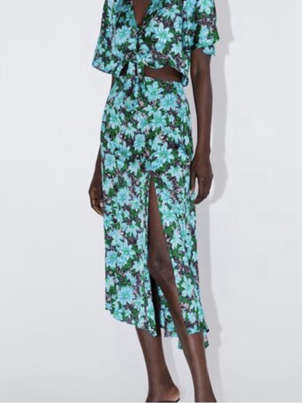 Zara floral slit satin midi skirt